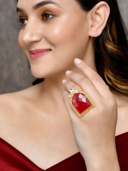 Silvermerc Designs - Women Red Handcrafted Kundan Gold Plated Adjustable Ring