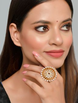 Silvermerc Designs - Women Red Stone Pearl Adjustable Ring