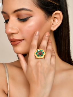 Silvermerc Designs - Women Gold Plated Multi-Color Floral Adjustable Ring