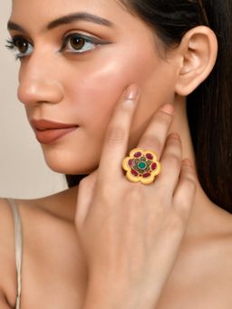 Silvermerc Designs - Women Gold Plated Multi-Color Floral Adjustable Ring