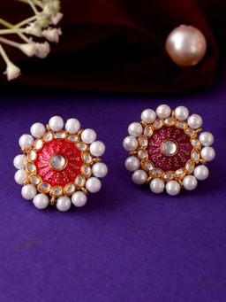 Silvermerc Designs - Women Gold Plated Pink and Purple Meenakari Pearl Beaded Ring (Pack of 2)