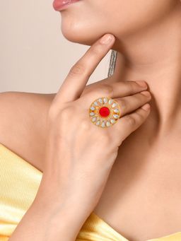 Silvermerc Designs - Women Red Kundan Floral Adjustable Ring