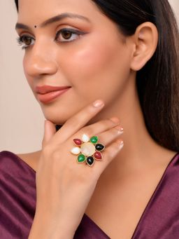 Silvermerc Designs - Women Multi-Color Kundan Flower Adjustable Ring