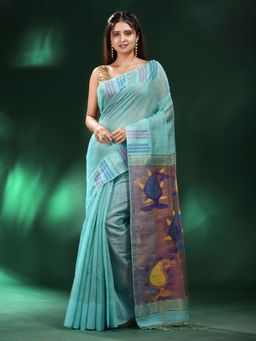 CHARUKRITI - Sea Green Tissue Handwoven Saree with Unstitched Blouse