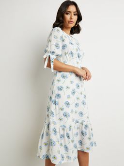 Styli - White Floral Print Tie Cuff Sleeves A-line Midi Dress