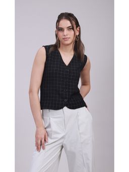 Sands of India - Black V-Neck Sleeveless Checkered Fabric Waistcoat