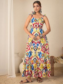 WineRed - Cotton Geometric Print Multi-Color A-Line Dress