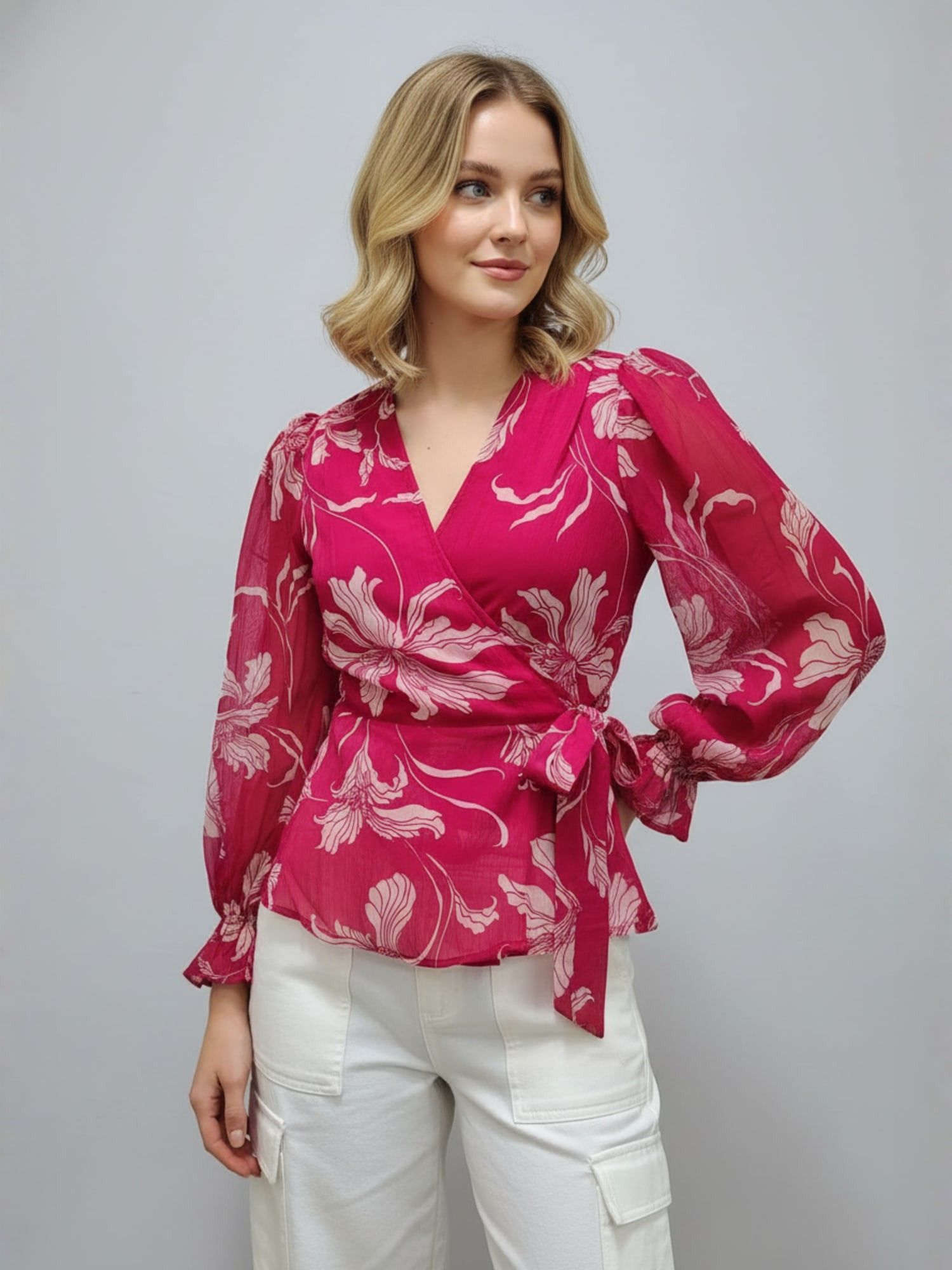Floral Pink Chiffon V Neck Full Sleeve Waist Tie-Ups Wrap Top-image-39