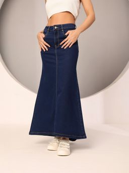 DOLCE CRUDO - Women Dark Blue Flared High-Rise Stretchable Denim Maxi Skirt