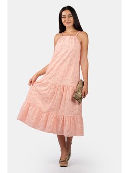 Virgio - Women Cotton Self Design Schiffli Midi Peach Dress