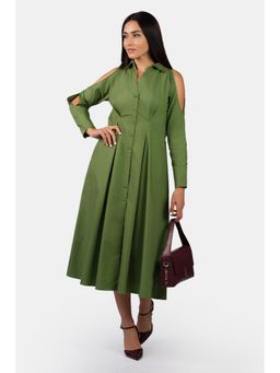 Virgio - Women Cotton Solid Cold Shoulder Full Sleeves Midi Shirt Green Dress
