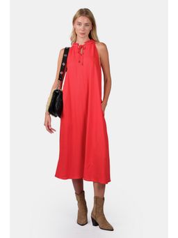 Virgio - Women Linen Ruffled Flared Midi Red Dress