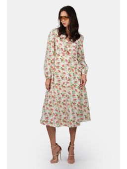 Virgio - Women Printed Viscose Bishop Sleeve Print White Dress