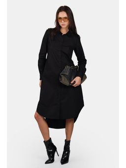 Virgio - Women Solid Cotton Asymmetric Full Sleeve Knee Length Shirt Black Dress