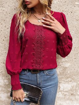 Outzidr - Maroon Embroidered Round Neck Full Sleeves Top