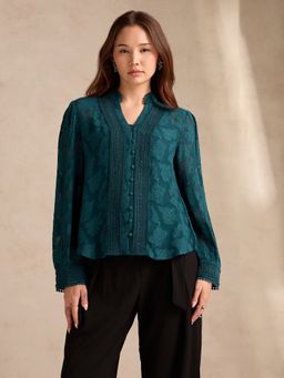 Outzidr - Teal Embroidered Mandarin Neck Full Sleeves Top