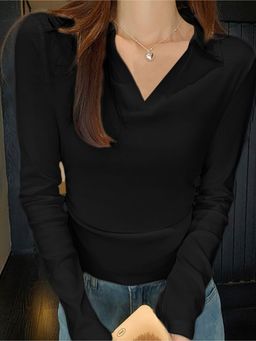 Outzidr - Black Solid/Plain Collar Neck Full Sleeves Top