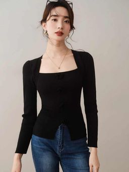 Outzidr - Black Solid/Plain Square Neck Full Sleeves Top