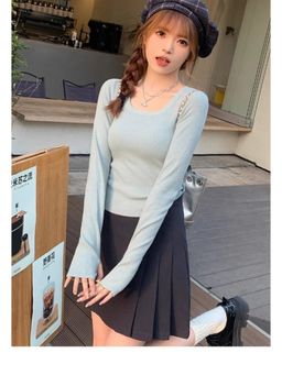 Outzidr - Blue Solid/Plain Round Neck Full Sleeves Top