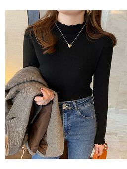 Outzidr - Black Solid/Plain Turtle Neck Full Sleeves Top
