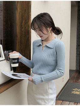 Outzidr - Grey Textured Collar Neck Full Sleeves Top