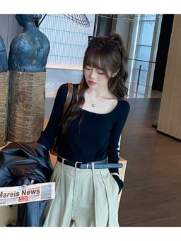 Outzidr - Navy Blue Solid/Plain Scoop Neck Full Sleeves Top