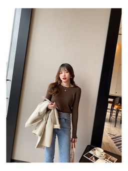 Outzidr - Brown Solid/Plain Crew Neck Full Sleeves Top