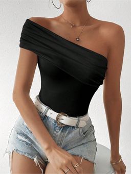 Outzidr - Black Solid/Plain Asymmetrical Sleeveless Top