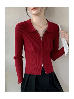 Outzidr - Red Textured Collar Neck Full Sleeves Top