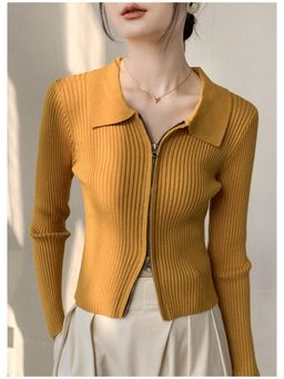 Outzidr - Mustard Textured Collar Neck Full Sleeves Top