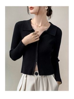 Outzidr - Black Textured Collar Neck Full Sleeves Top