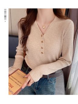 Outzidr - Beige Textured V-Neck Full Sleeves Top