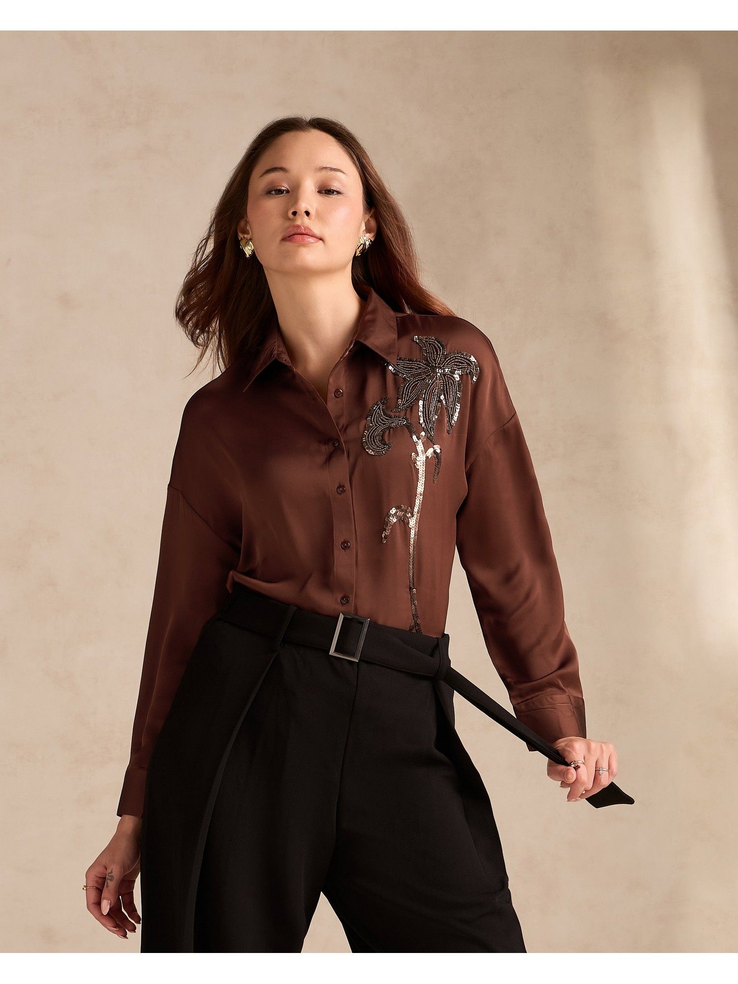 outzidr Brown Oversized Satin Shirt-picture-31
