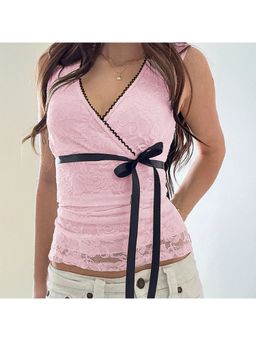 Outzidr - Pink Embroidered V-Neck Sleeveless Top