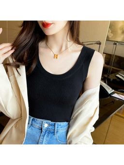 Outzidr - Black Textured Round Neck Sleeveless Top