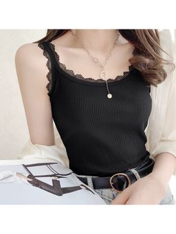 Outzidr - Black Textured Round Neck Sleeveless Top