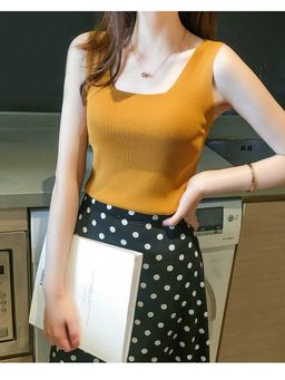 Outzidr - Mustard Solid/Plain Square Neck Sleeveless Top