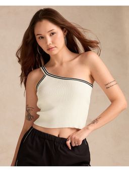 Outzidr - Off White Textured Asymmetrical Sleeveless Crop Top