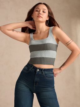 Outzidr - Grey Textured Square Neck Sleeveless Crop Top