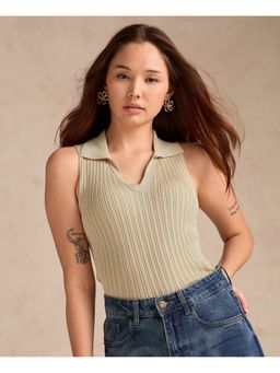 Outzidr - Beige Textured Collar Neck Sleeveless Top