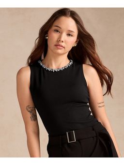 Outzidr - Black Embellished/Sequined Crew Neck Sleeveless Top