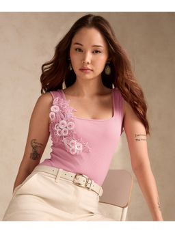 Outzidr - Pink Embellished/Sequined Square Neck Sleeveless Top