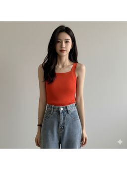 Outzidr - Orange Textured Square Neck Sleeveless Tank Top