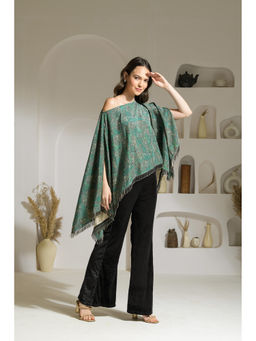 Ridhi Kapoor Label - Green Aasira Printed Lurex Velvet Asymmetric Cape Top with Pant