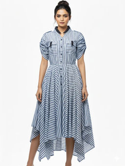 Diiwataa - Blue And White Stripe Linen Handkerchief Dress