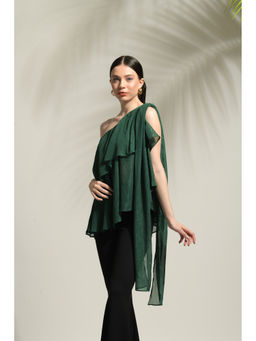 Ridhi Kapoor Label - Green Grace One Shoulder Ruffled Top with Flared Pants