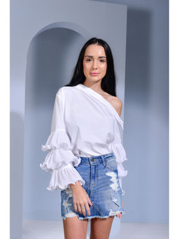 Ridhi Kapoor Label - White Hot Toddy Asymmetric Collar Top With Pleated Layered Ruffle Sleeves