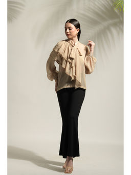 Ridhi Kapoor Label - Beige Madison Asymmetric Ruffled Top with Flared Pants