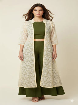 Diiwataa - Olive Grace Crop Top with Palazzo and Jacket