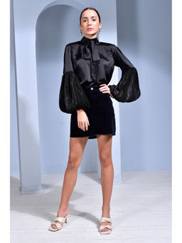 Ridhi Kapoor Label - Black Prosecco Satin Top With Voluminous Pleated Sleeves